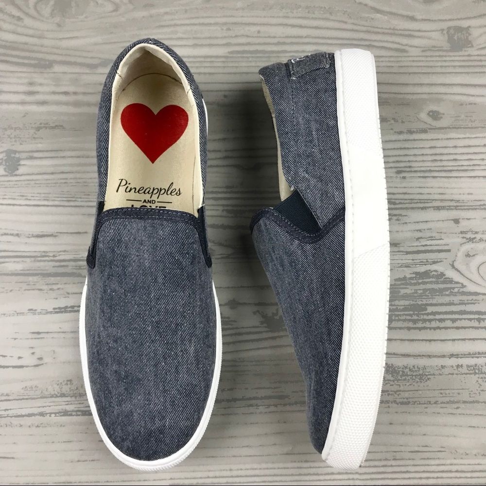 Pineapples and love blue denim slip on